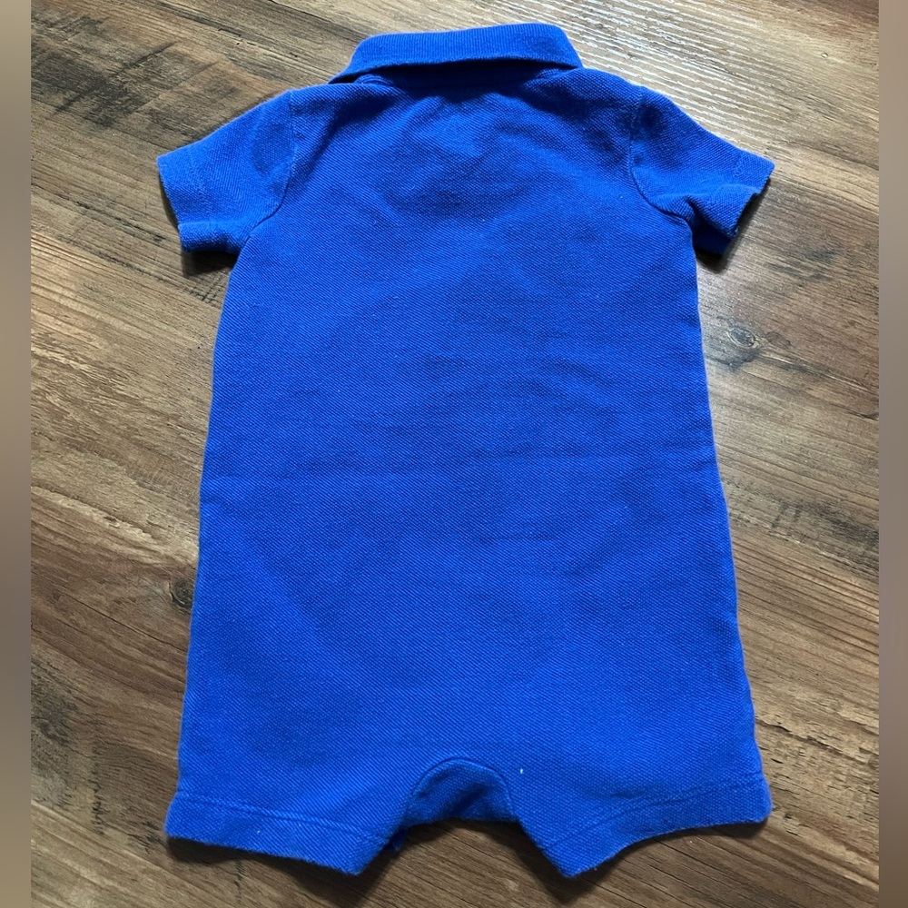 Chaos Blue Polo Romper with Orange, Green, & White Stripes 3 Month 100% Cotton - Picture 6 of 6